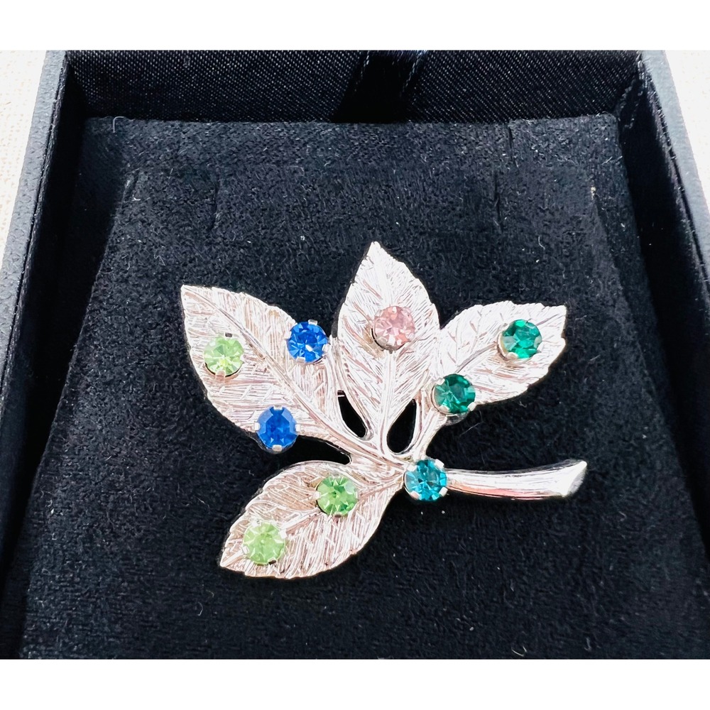 Vintag Anson Sterling Silver Leaf Multi Color Gemstone Brooch Pin